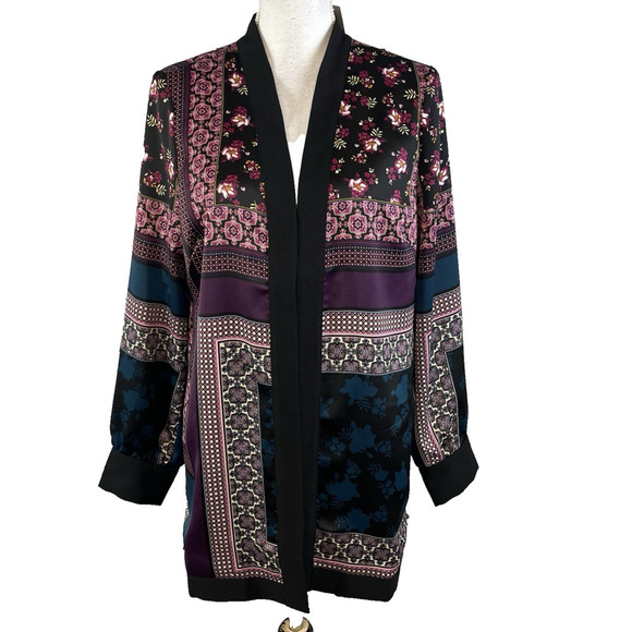Chico's Duster Jacket size 4 6 0 Teal Purple Floral Bohemian Lagenlook Oversized - Picture 1 of 11